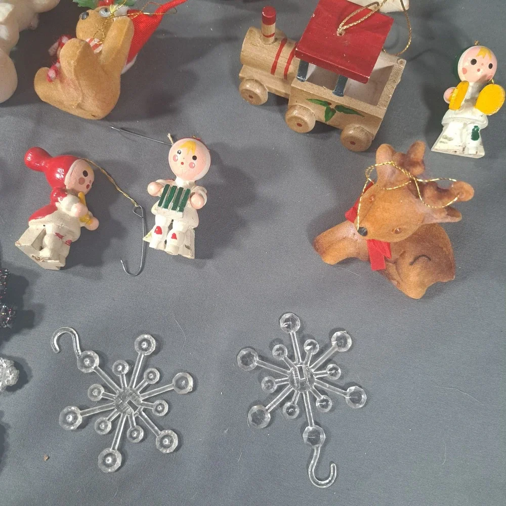 VTG Christmas Ornaments Lot Flocked Wood‎ Bear Santa Rocking Horse Retro Holiday